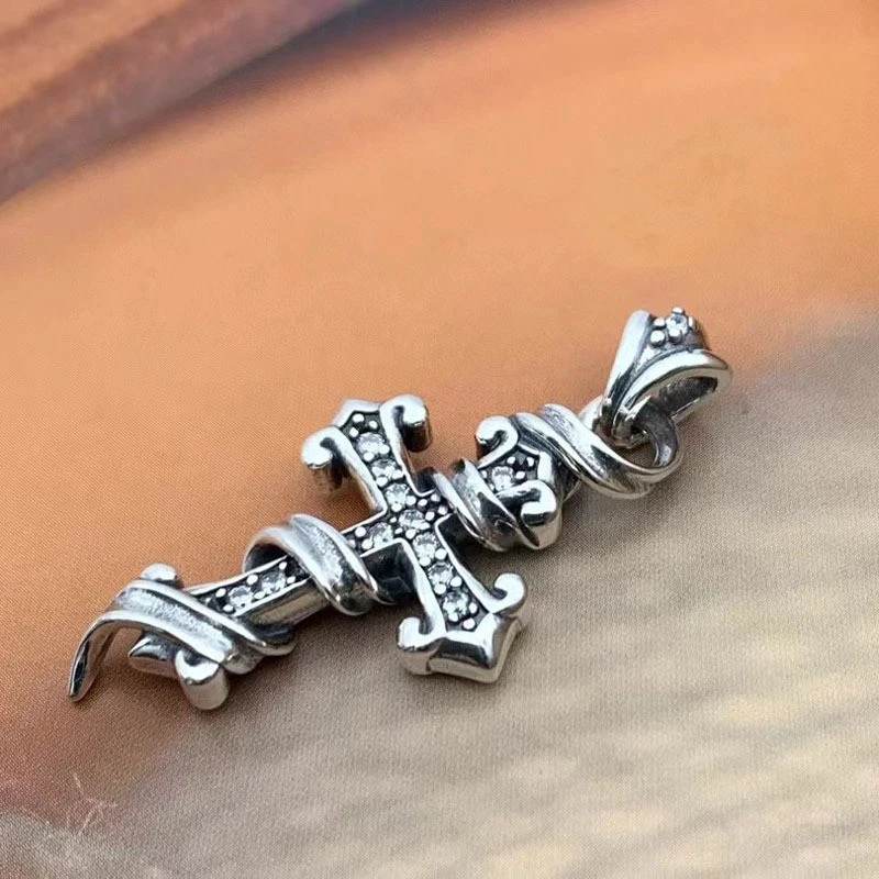 S925 серебро Gothic обернутый крест подвеска черный белый CZ мотоциклиста ювелирных изделий - Изображение 2 из 4