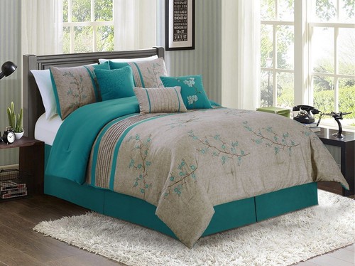 Chezmoi Collection 7-piece Teal Cherry Blossoms Floral Embroidery Comforter Set - Picture 9 of 11