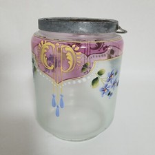 Ancien Superbe Pot A Biscuit Ou Boîte A Bonbon En Verre Fin Peind Émaillé Floral