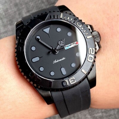40mm NH36A Black PVD Auto Mens Watch Sapphire Glass Ceramic Bezel Rubber Strap