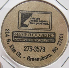 Vintage Prestige Photo Labs Kodak Greensboro, NC Wooden Nickel North Carolina
