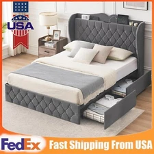 Full Queen Size Bed Frame with 4 Storage Drawers Upholstered Wingback Headboard