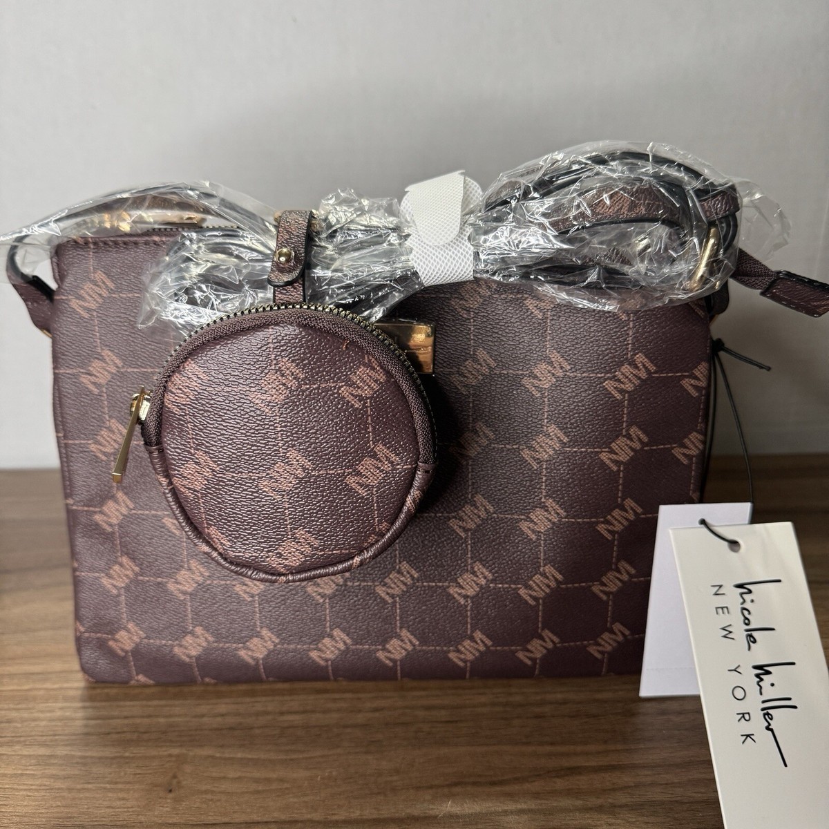 Nicole Miller Brown Logo Gold Hardware Shoulder Crossbody Bag