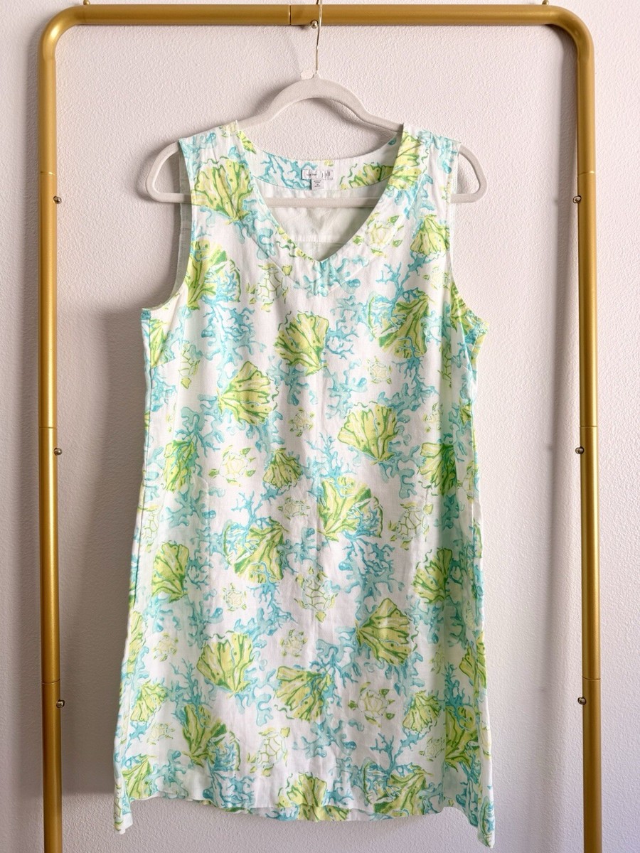J Jill Love Linen Dress Womens Sz M Sea Turtle Coral Ocean Beach Vacation