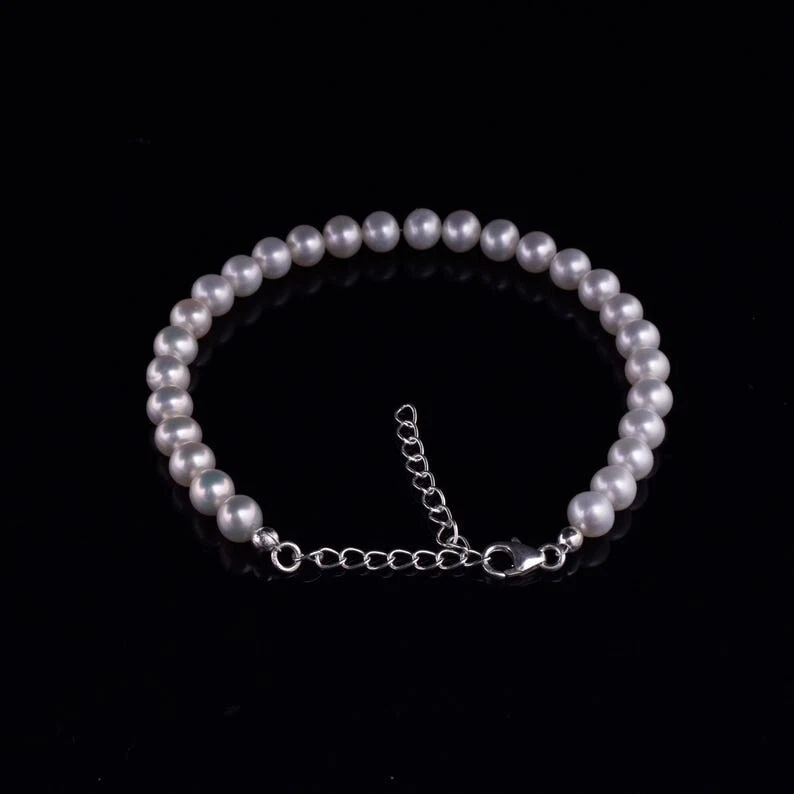 Hermosas pulseras redondas lisas de perlas blancas con cuentas de piedras preciosas de 4-6 mm para mujer de 6-8"" Foto 4 de 4