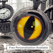 Cat Eye Dragon Pocket Watch Mystical Beast Design, Black Finish, Unique Gift