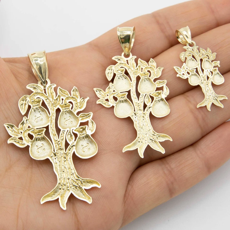 Bolsa de Dinero Corte Diamante Árbol Suerte Colgante Real Oro Amarillo 10K - Todos los Tamaños Foto 2 de 4