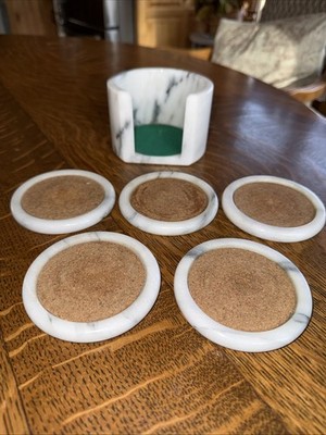Vintage 80 s Marble Coaster Set Of 5 W/Holder Cork Center/Felt Backing Taiwan
