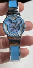 Vintage Mickey Mouse Blue Enamel Silver Tone Cuff Watch New Battery Works Xinhua