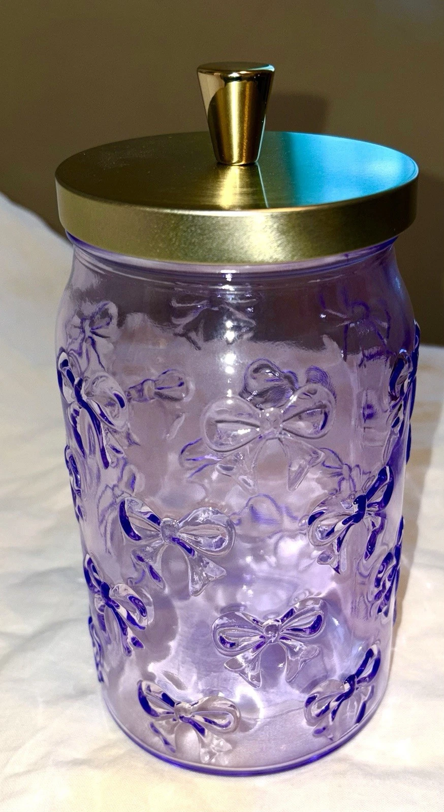 Purple Glass Canister Jar Gold Lid Bow Pattern Cylinder new