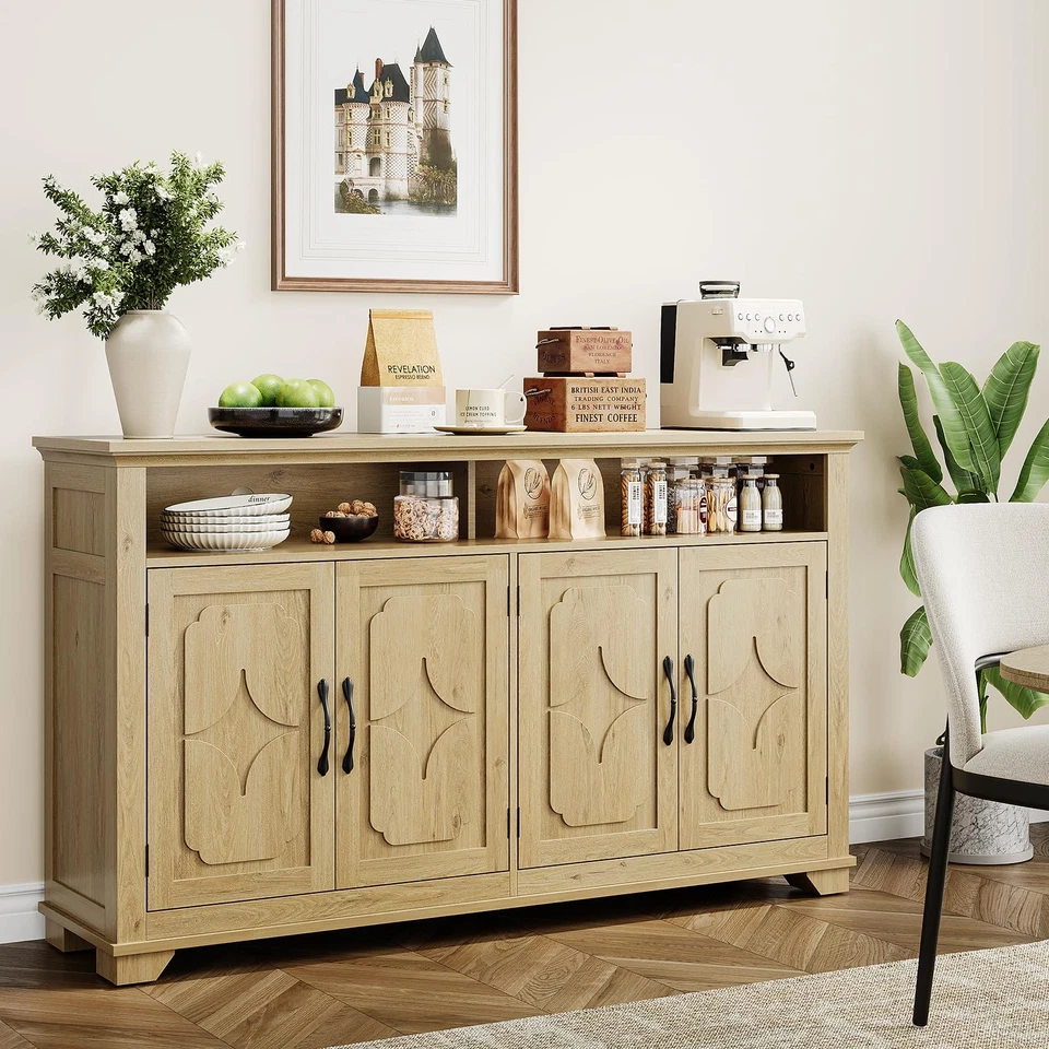 Aparador Buffet 60 Pulgadas con Almacenamiento, Credenza Grande con 4 Tallados... Foto 3 de 4