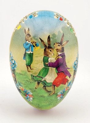 Vtg Paper Mache Easter Egg Candy Container Germany Bunnies Dancing Eggs 4-1/2''
