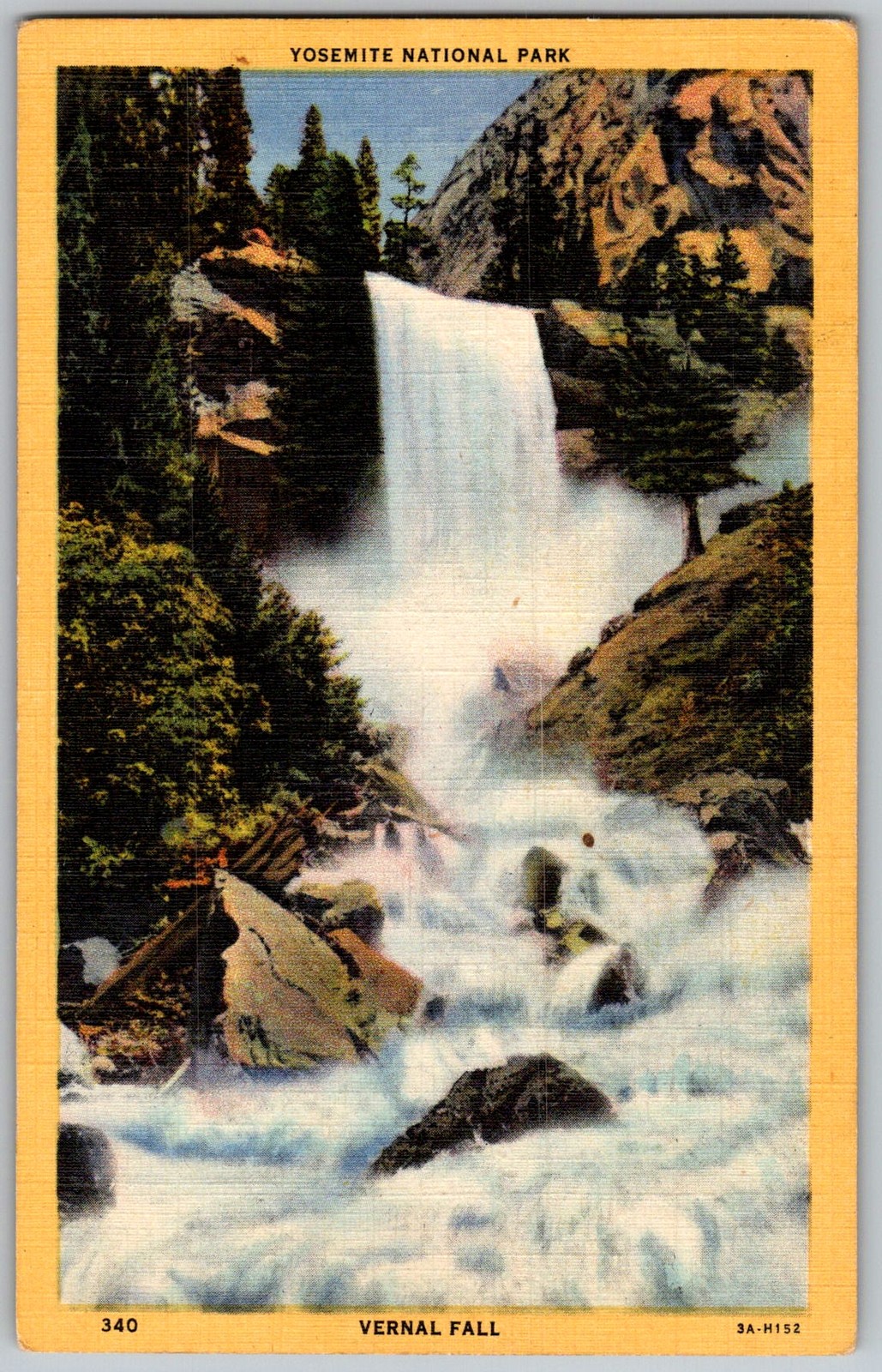 Vtg Linen Postcard Vernal Fall Merced Yosemite National Park, CA 1940s