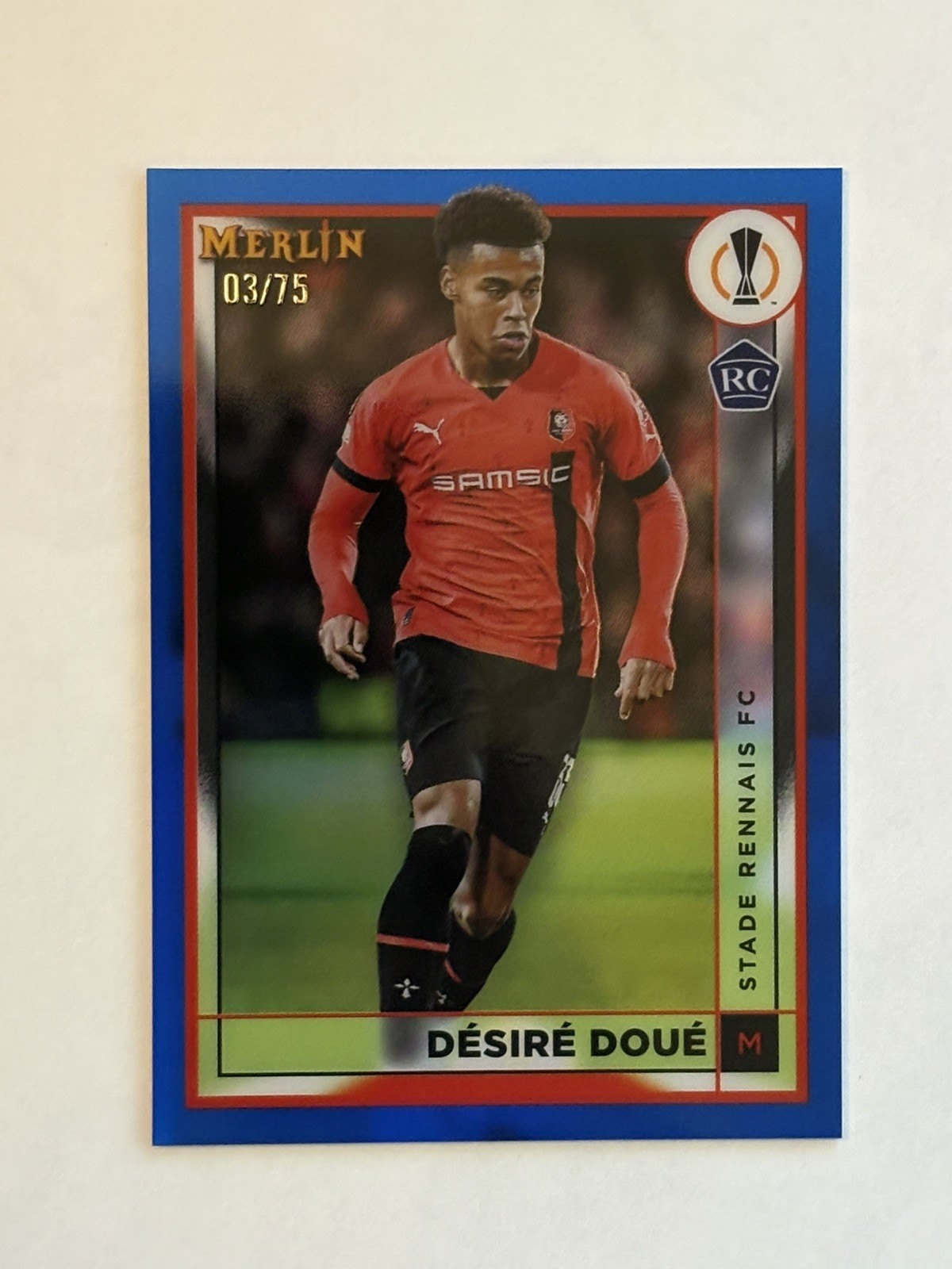 Desire Doue 2022-23 Topps Merlin Chrome Blue Refractor /75 #133 Rookie RC