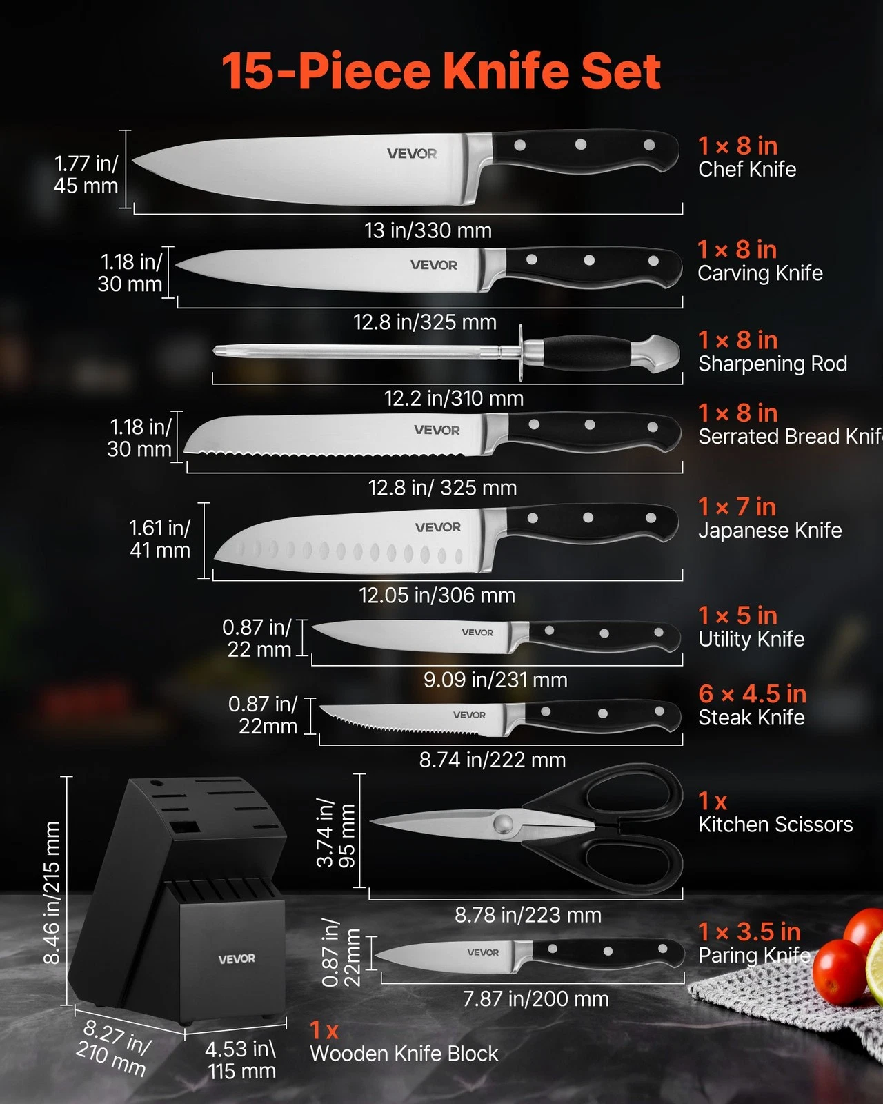 Kitchen Knife Set With Block And Sharpener, 15 Piece High Carbon Stainless Steel