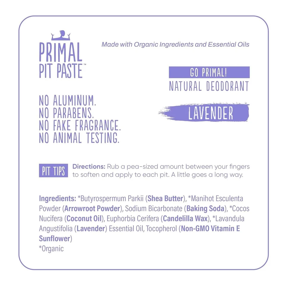 Desodorante natural sin aluminio Primal Pit Paste, lavanda (paquete de 1) | Od todo el día Foto 3 de 4