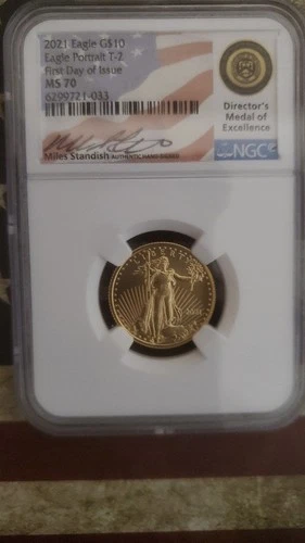 2021 G$10 1/4 oz Gold American Eagle FDOI Type II NGC MS70 Miles Standish DMOE