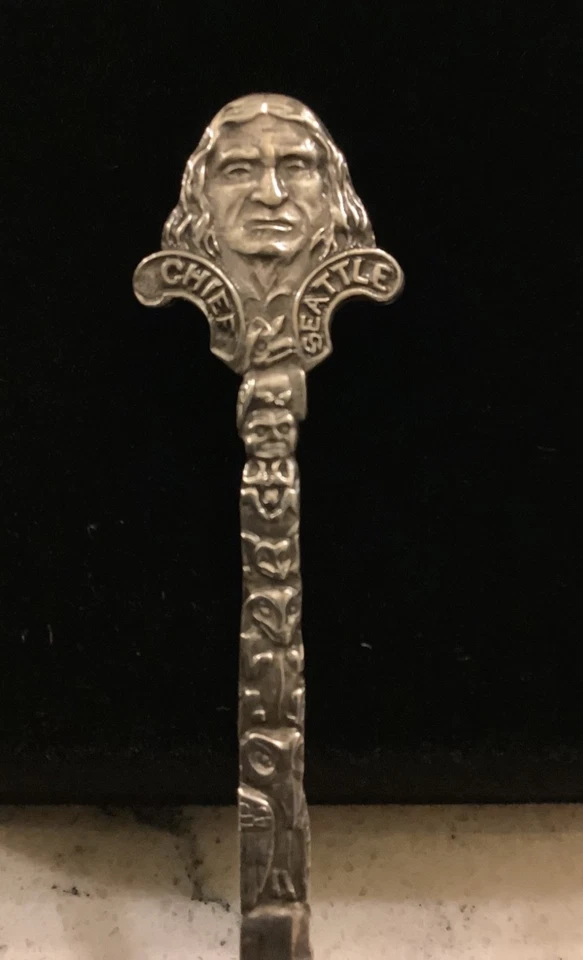 Antigua cuchara de recuerdo CHIEF SEATTLE de plata de ley, nativa americana Foto 2 de 4