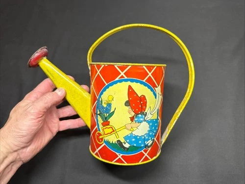 Vintage Ohio Art Metal Watering Can Boy And Girl Gardening