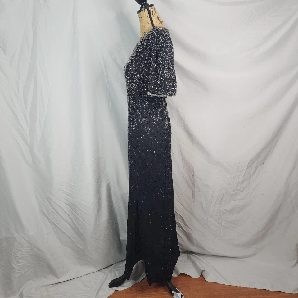 Vtg LAURENCE KAZAR New York Size XL Black Silk Beaded Short Sleeve Maxi Dress - Image 3 of 4