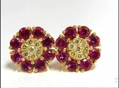 2Ct Round Cut Lab Created Red Ruby Flower Stud Earrings 14K Yellow Gold Plated