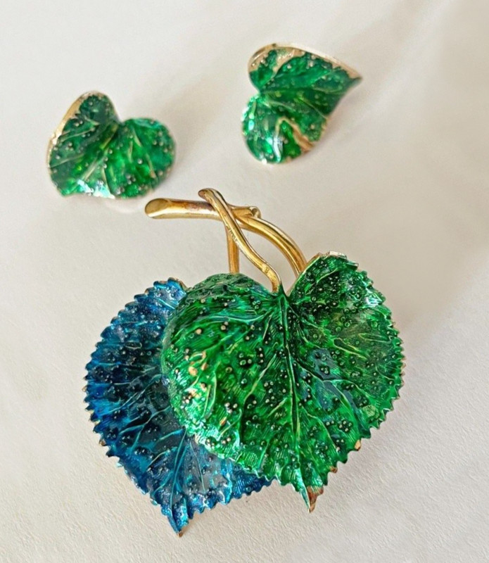 Grosse 1967 for Dior Enamel Leaf Brooch AND Earrings – Vintage Signed RARE