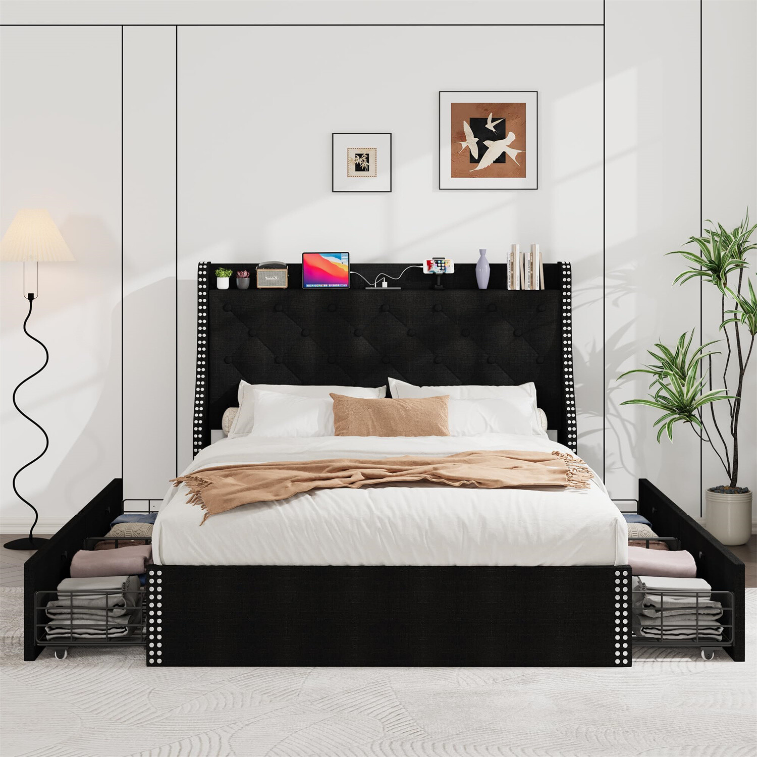 Queen Bed Frame with 4 Storage Drawers and Wingback Storage Headboard Charging