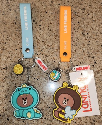 2 NEW LINE Friends BT21 BTS Keychain Brown Bear Dino & Buzzy Bee Costume Round 1