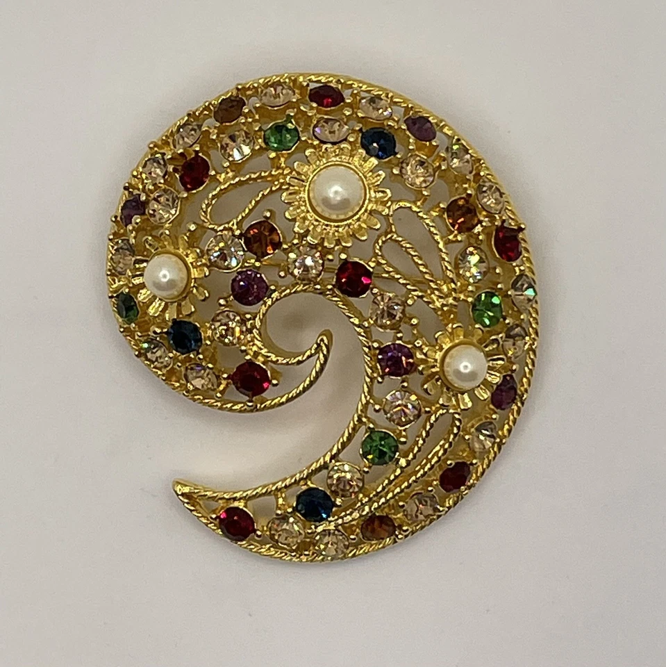 Broche prendedor vintage GRAZIANO tono dorado estrás/perla cachemira Foto 2 de 4