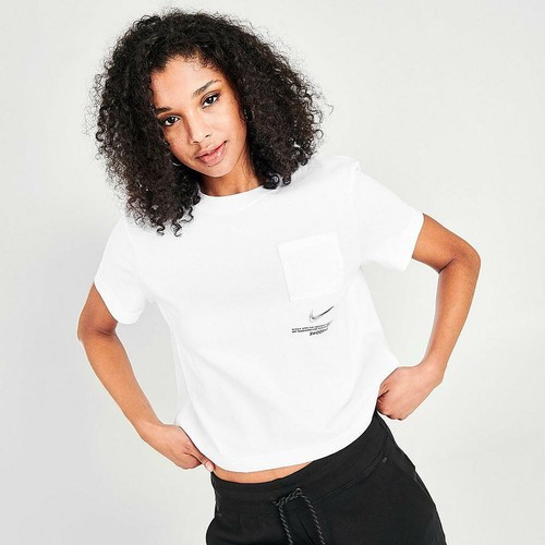 Nike Womens XL Sportswear Swoosh Short Sleeve Cropped Top White Black CZ8911 100 - Picture 3 of 8