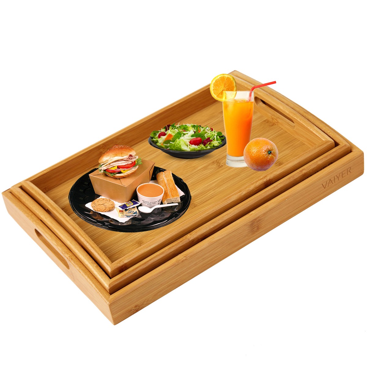 Piece Bamboo Breakfast Serving Tray with Handles, Nesting Serving Trays