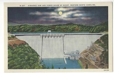 HIWASSEE DAM & POWER HOUSE By Night, North Carolina, c1940's Linen Postcard