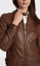 Women's Caf Racer Moto Biker Distressed Brown Leather Jacket Real Sheep Leather