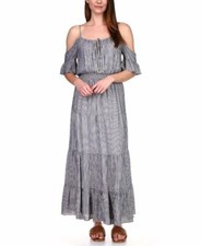 $175 Michael Kors Midnight Blue Striped Metallic Cold Shoulder Maxi Dress S M545