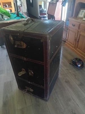 Early 1900's Traveling Steamer Closet With Iron, iron board and hangers 