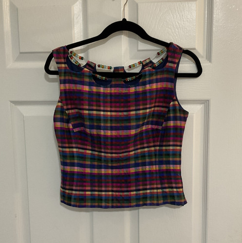 Moschino Cheap & Chic Multicolor Plaid Scoop Neck Beads Silk Top Vintage Rare 8