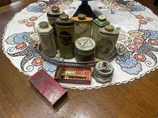 Grandmas Junk Drawer Lot Vanity Tray Talc Powder Tins Razor Antique Vintage