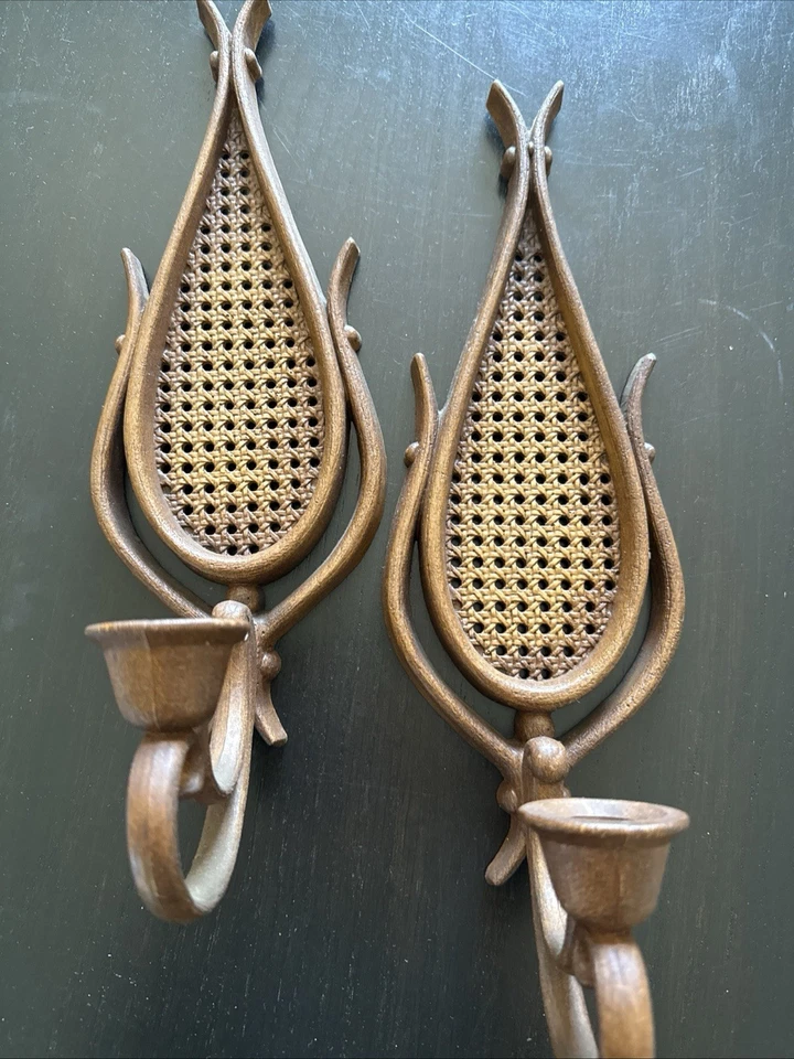 "Juego vintage de 2 bollos de pared Boho imitación madera mimbre/ratán marrón 15""H 5""W" Foto 4 de 4