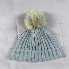 J Crew Kids Knit Faux Fur Pom Pom Beanie Hat Light Gray One Size