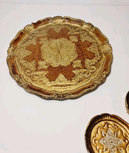 Vintage Hand Painted Florentine Italian Brown Gilt Papier Mache Tray +2 Coasters - Foto 18 di 18
