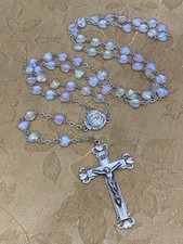 "Rosario católico con cuentas de corazón aurora boreal facetado y plata esterlina DTC de 30"""