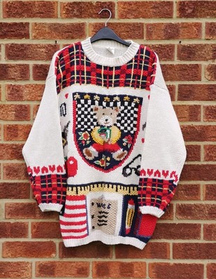 Vintage 90er weißer Teddybär Pullover rot Gingham Karomuster bestickt 