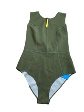 H M Women's One Piece Stretch Seamless Swimsuit Front Zipper Olive Green Sz 10