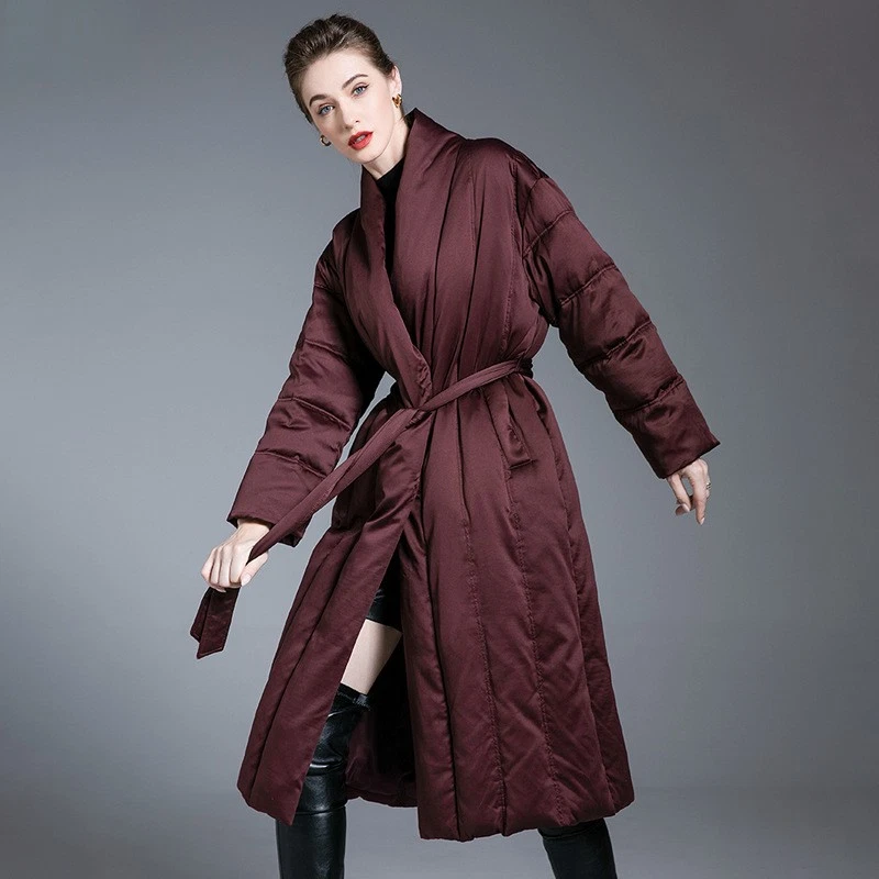 Women's Long Slimming Thickened Warm with Belted Duck Down Loose Fit Plus Size - Image 3 of 4