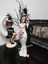 Halloween Pink Black Skeleton Bride and Groom Halloween Tabletop Decor 14.25"