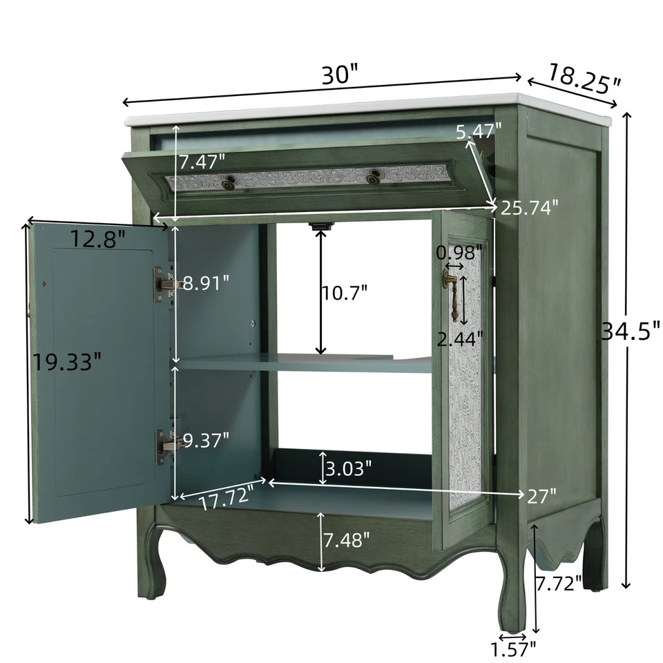 Tocador de baño antiguo de 30" - Fregadero de cerámica, bandeja/cajón, patas de madera de goma (verde Foto 2 de 4