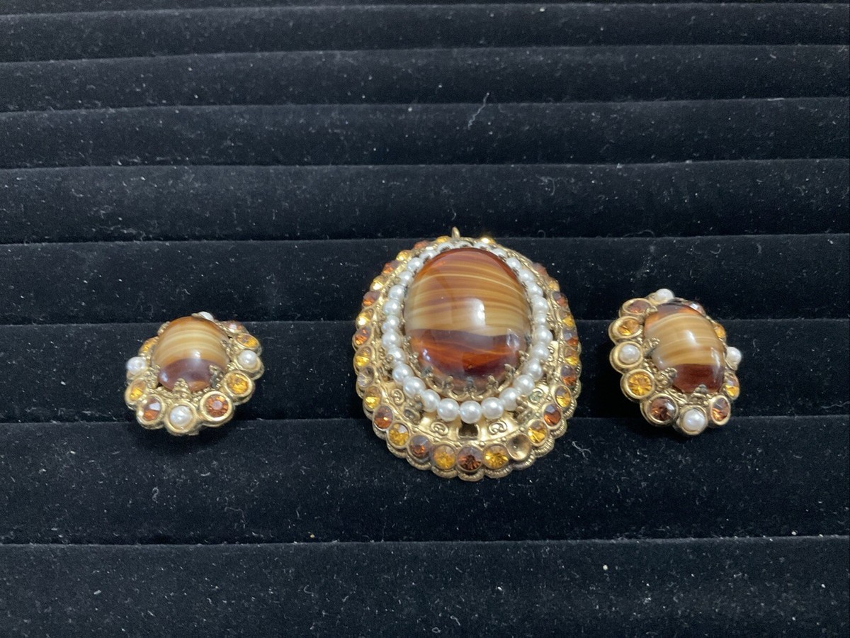 GERMAN VINTAGE BROWN PORPHYRY GLASS CABOCHON PEARL RHINESTONE