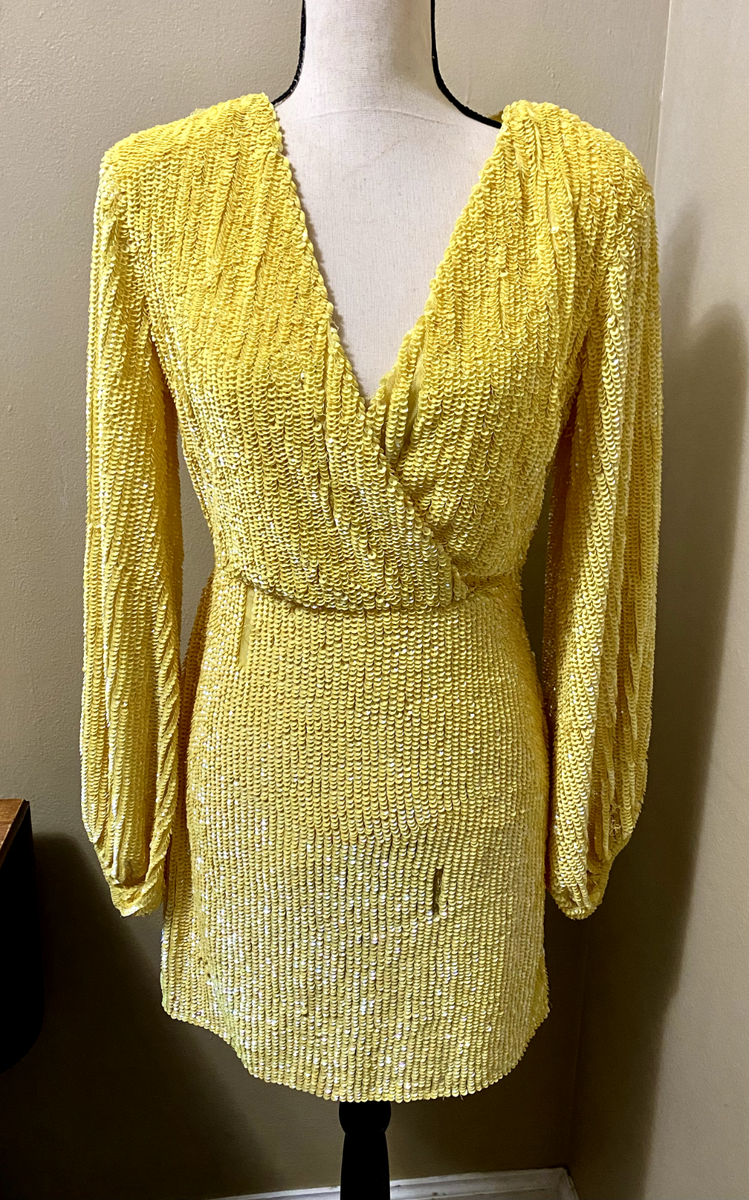 nasty gal yellow sequin dress NASTY GAL Women's 4 Yellow Sequin Cocktail Dress Plunge Neck Burlesque AS  IS
