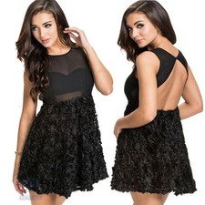 Prom Ball Cocktail Party Dress Ruffle Floral Sleeveless Black Mesh Mini Skater