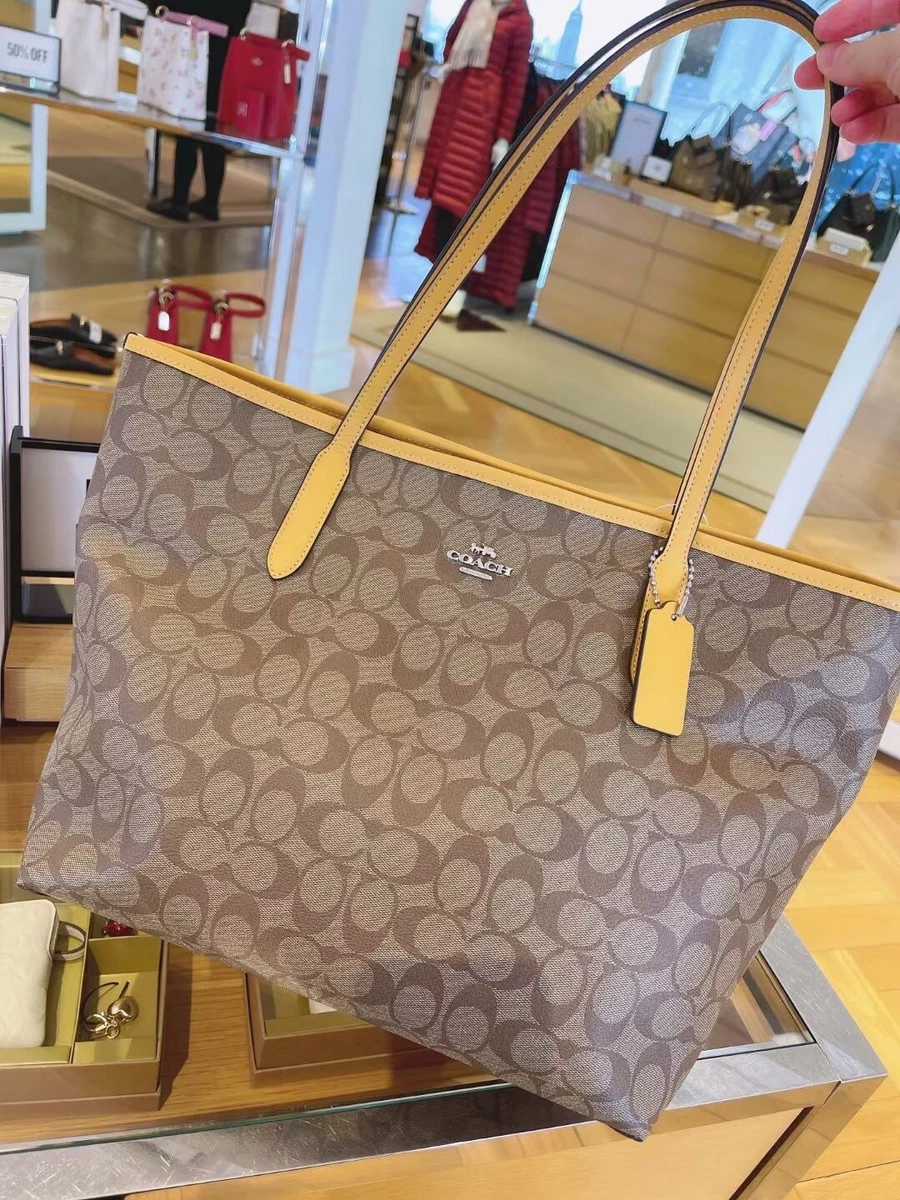 Coach Signature Town Tote Brown Tan Coated Canvas Leather Trim Bag - $350